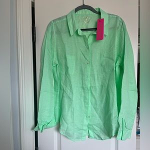 Lilly Pulitzer Linen Blouses: Pistachio Green:$95 Sunrise Coral:$95